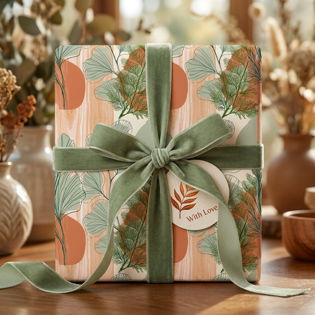 Boho botanical wrapping paper with a sage green velvet ribbon by Wrapped Studios.
