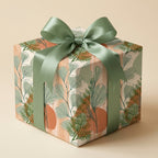 Sage green botanical wrapping paper with terracotta leaves and a satin ribbon bow by Wrapped Studios.