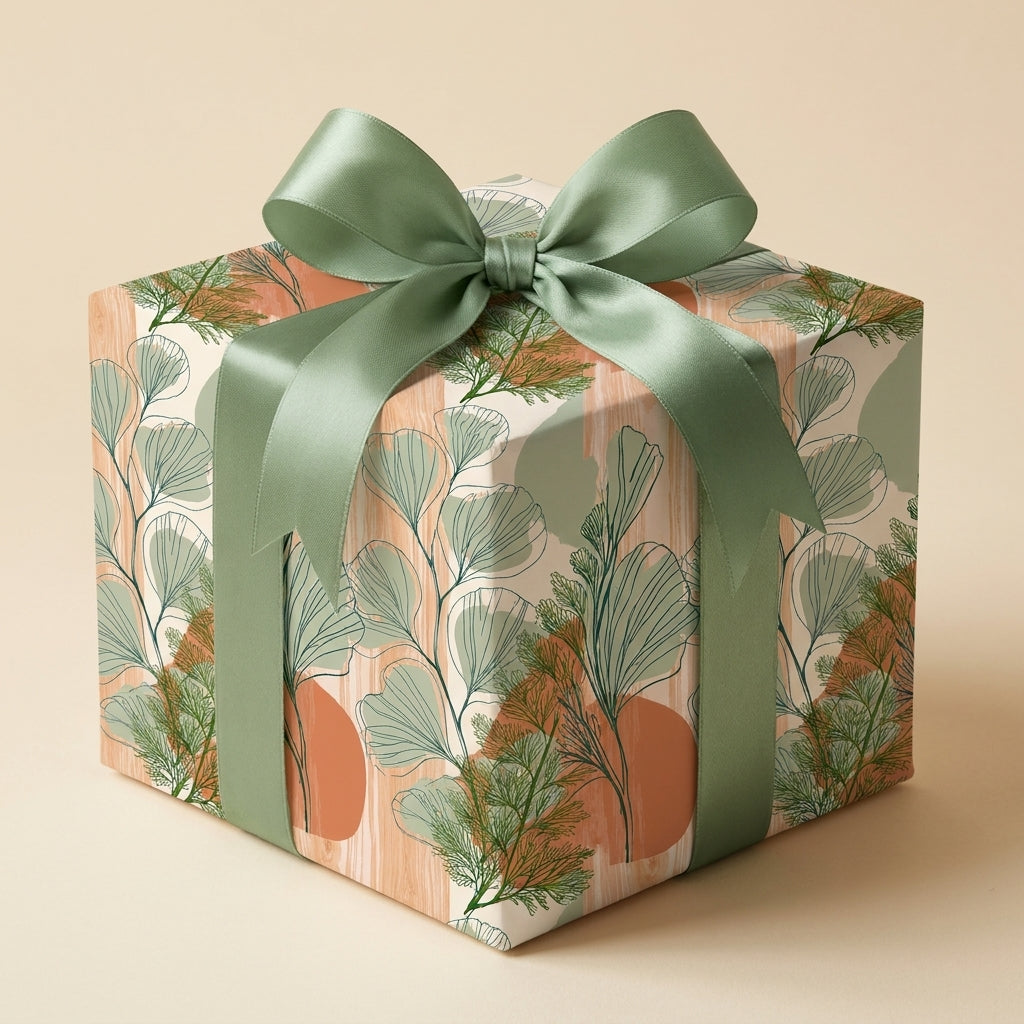 Sage green botanical wrapping paper with terracotta leaves and a satin ribbon bow by Wrapped Studios.