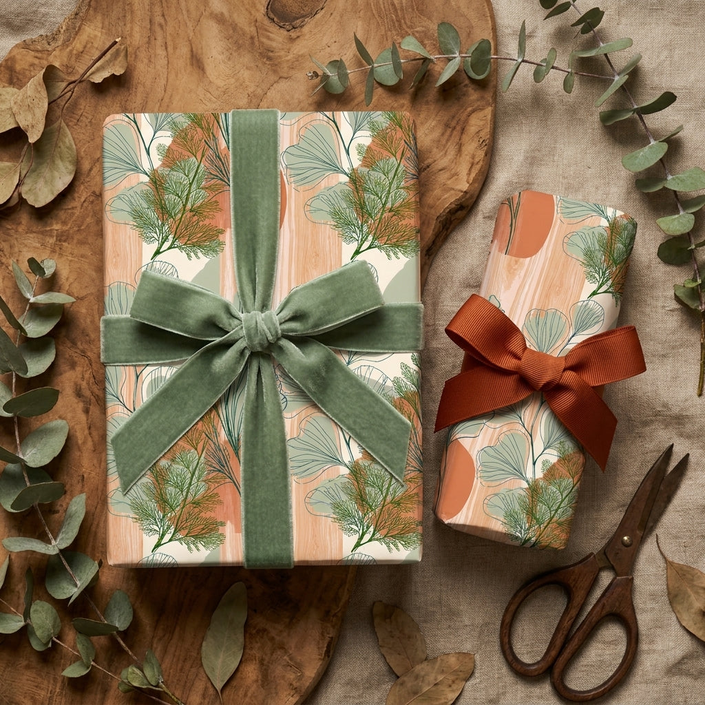 Botanical wrapping paper with sage green and terracotta leaf patterns, tied with velvet ribbon by Wrapped Studios.