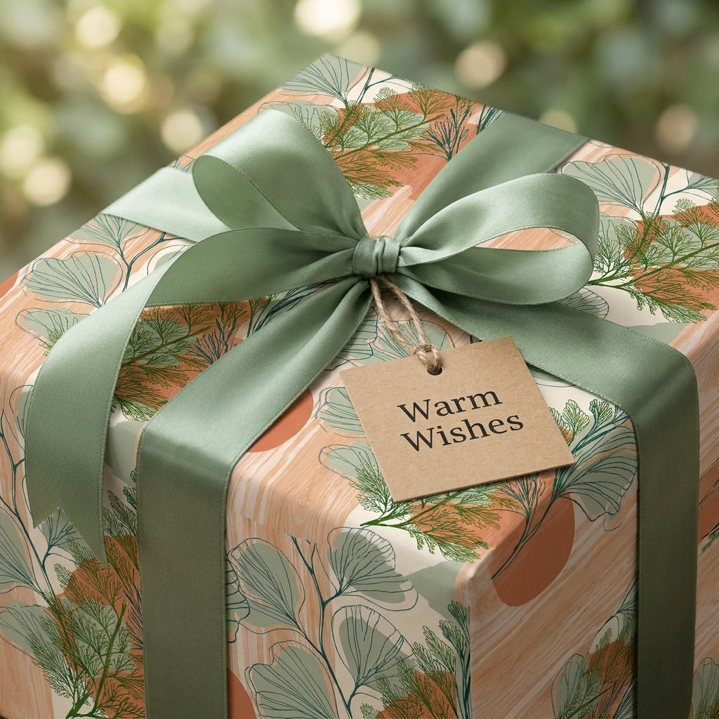 Modern botanical wrapping paper featuring green leaves, terracotta accents, and a sage ribbon by Wrapped Studios.