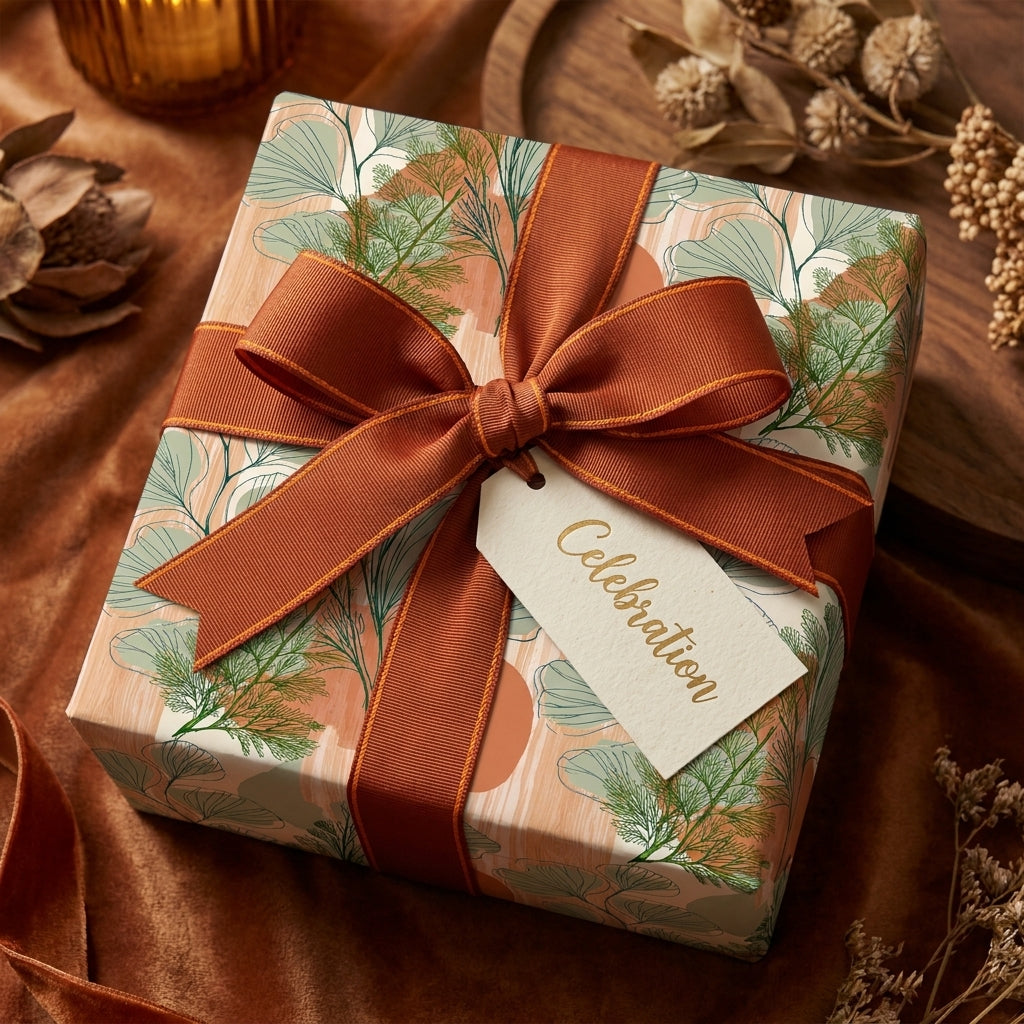 Luxury botanical wrapping paper with sage green leaves and rust ribbon by Wrapped Studios.