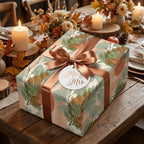 Sage green botanical wedding wrapping paper with a bronze ribbon by Wrapped Studios.