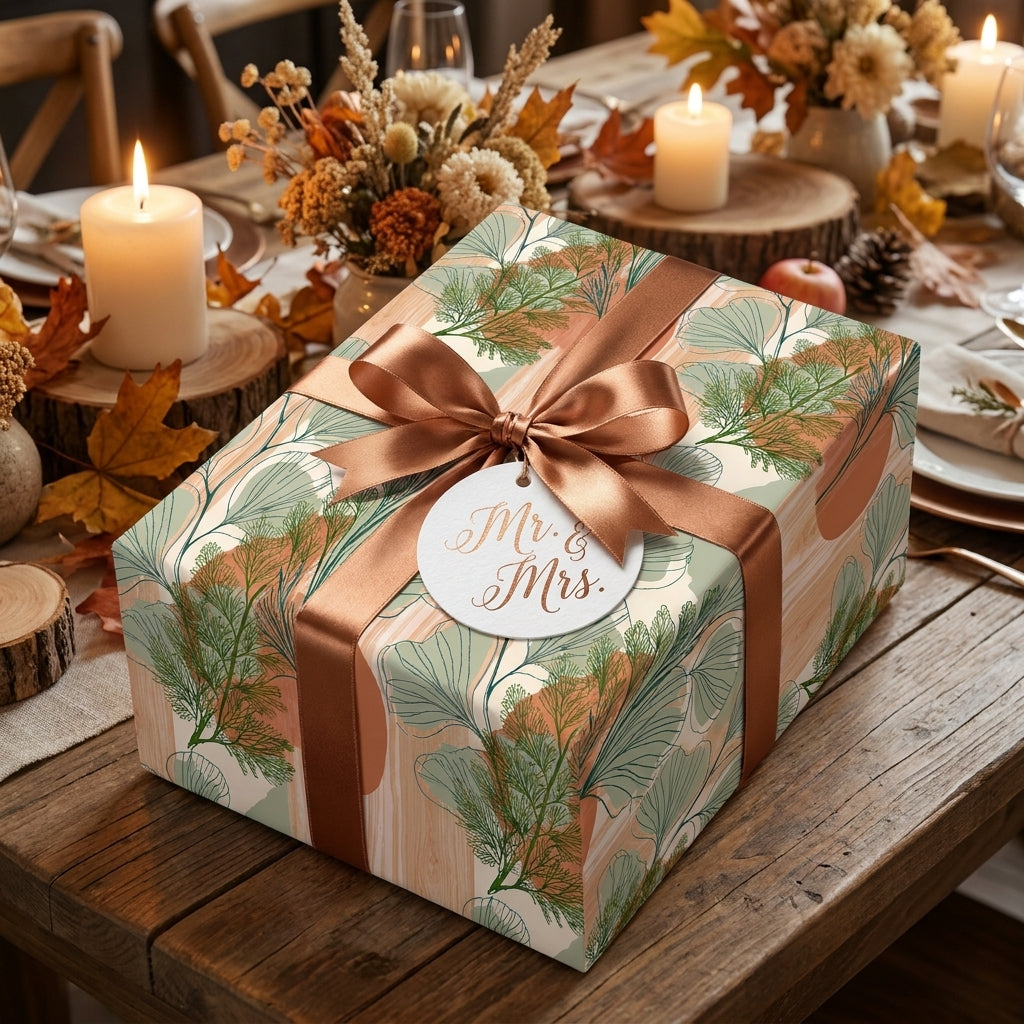 Sage green botanical wedding wrapping paper with a bronze ribbon by Wrapped Studios.