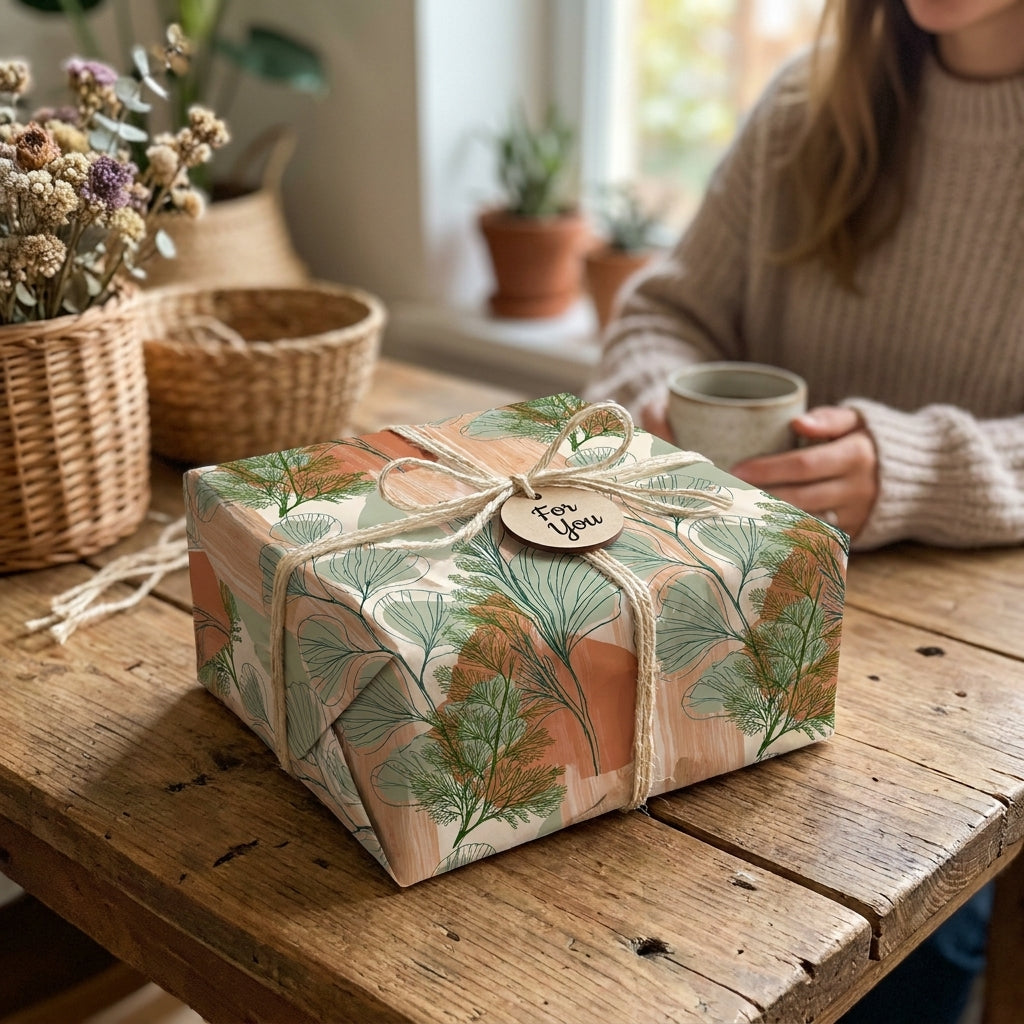 Aesthetic botanical wrapping paper in terracotta and sage green with a rustic twine bow, by Wrapped Studios.