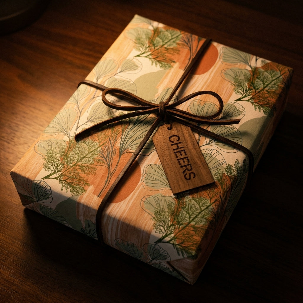 Rustic botanical wrapping paper in sage green and terracotta on a gift box with a Cheers tag by Wrapped Studios.