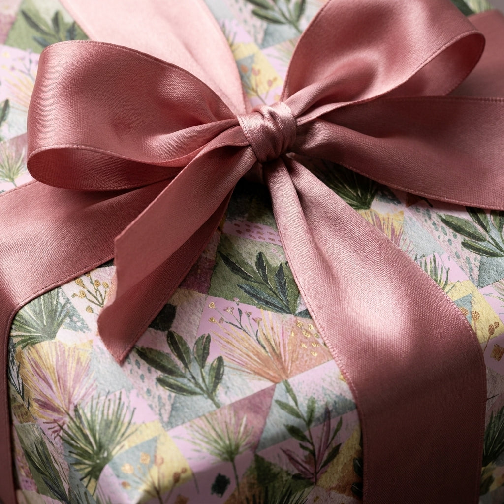 Luxury floral wrapping paper with a dusty rose satin bow by Wrapped Studios.