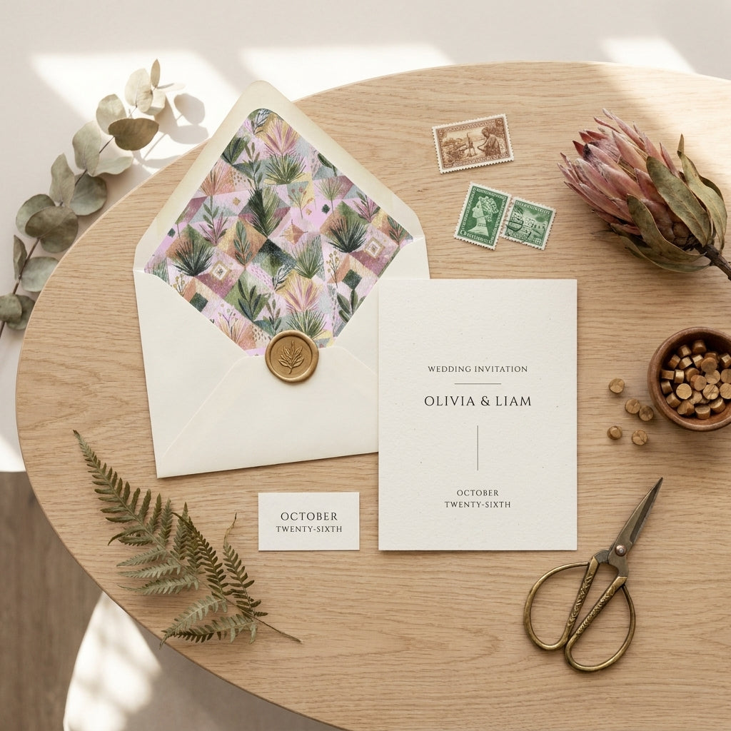 Boho botanical wedding invitation with pink and green floral envelope liner by Wrapped Studios.