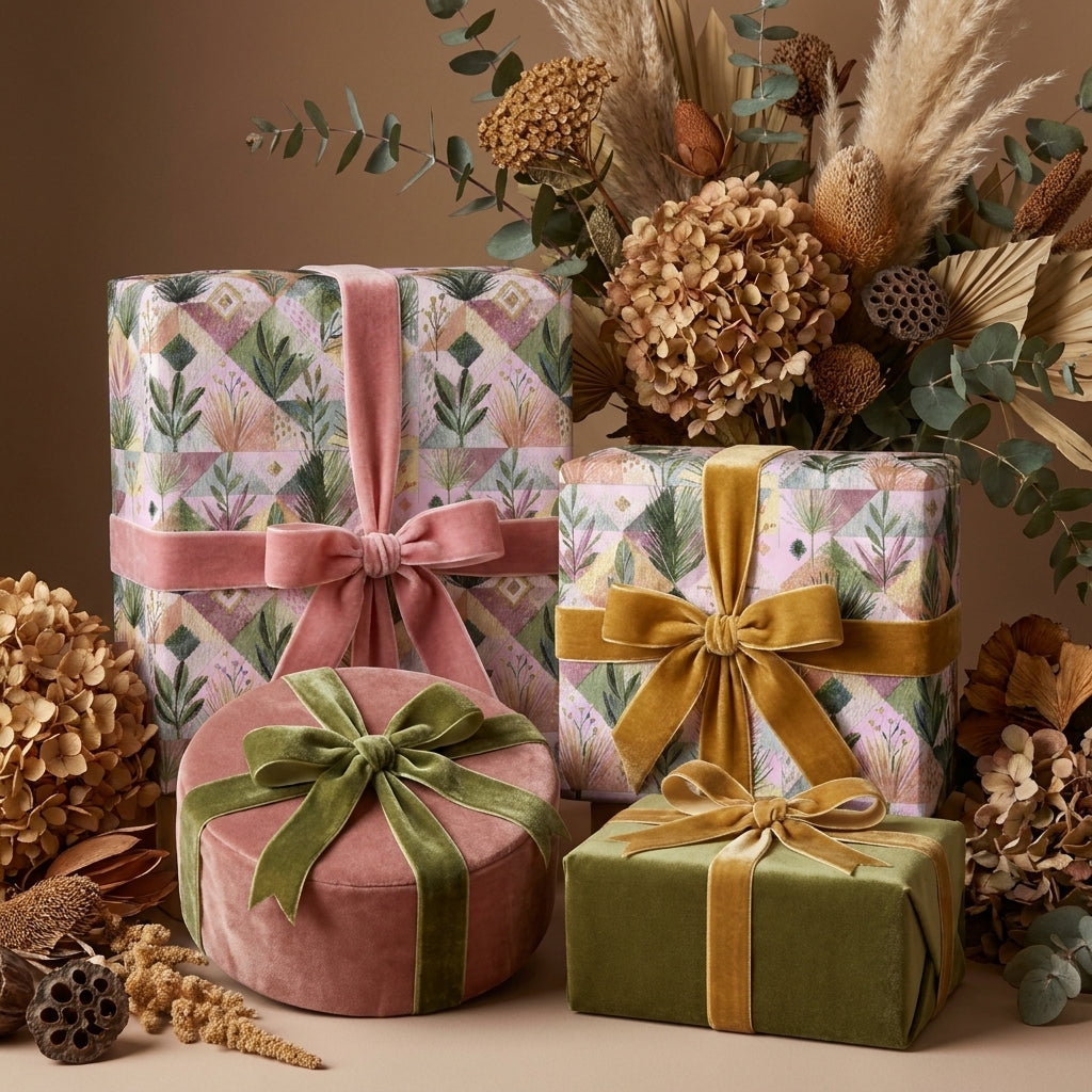 Luxury botanical floral wrapping paper and velvet ribbons on gift boxes by Wrapped Studios.