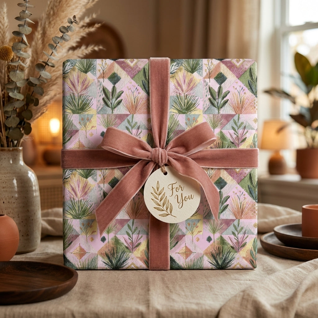 Luxury floral wrapping paper with dusty pink velvet ribbon on a gift box by Wrapped Studios.