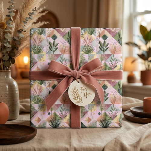 Luxury floral wrapping paper with dusty pink velvet ribbon on a gift box by Wrapped Studios.