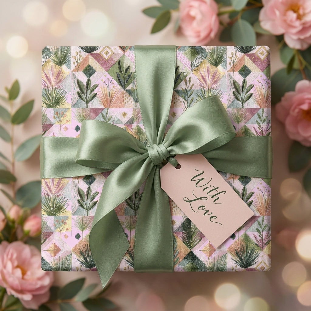 Luxury botanical wrapping paper with a sage green ribbon and pink 'With Love' gift tag by Wrapped Studios.