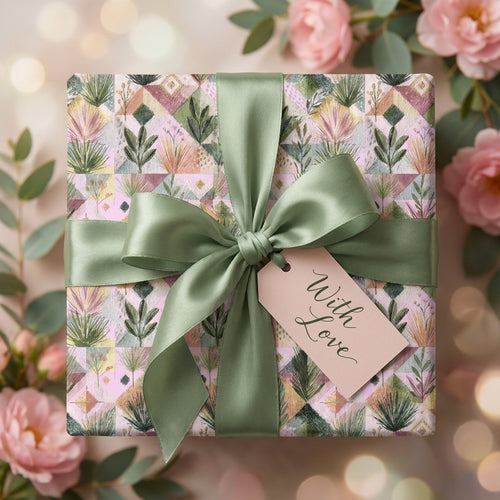 Luxury botanical wrapping paper with a sage green ribbon and pink 'With Love' gift tag by Wrapped Studios.