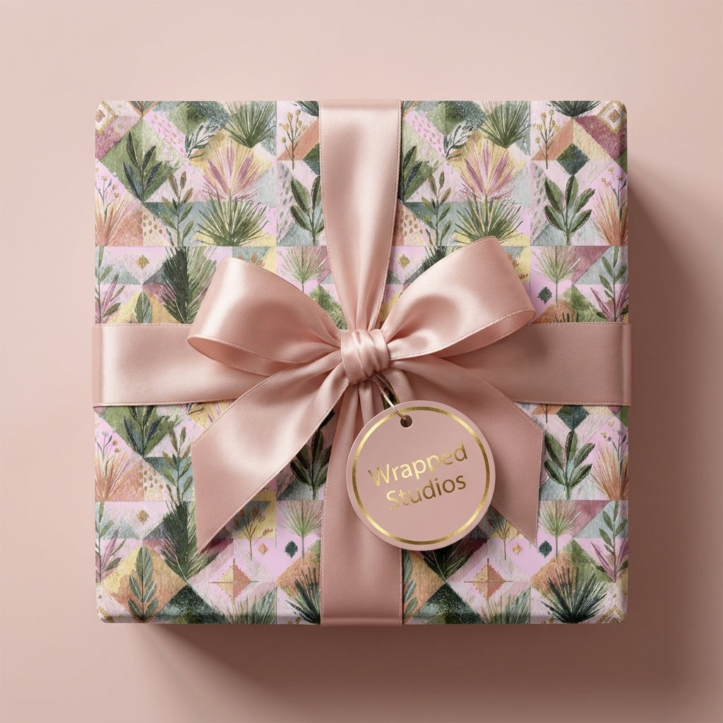 Luxury floral wrapping paper with a pastel botanical pattern, pink satin bow, and Wrapped Studios tag.