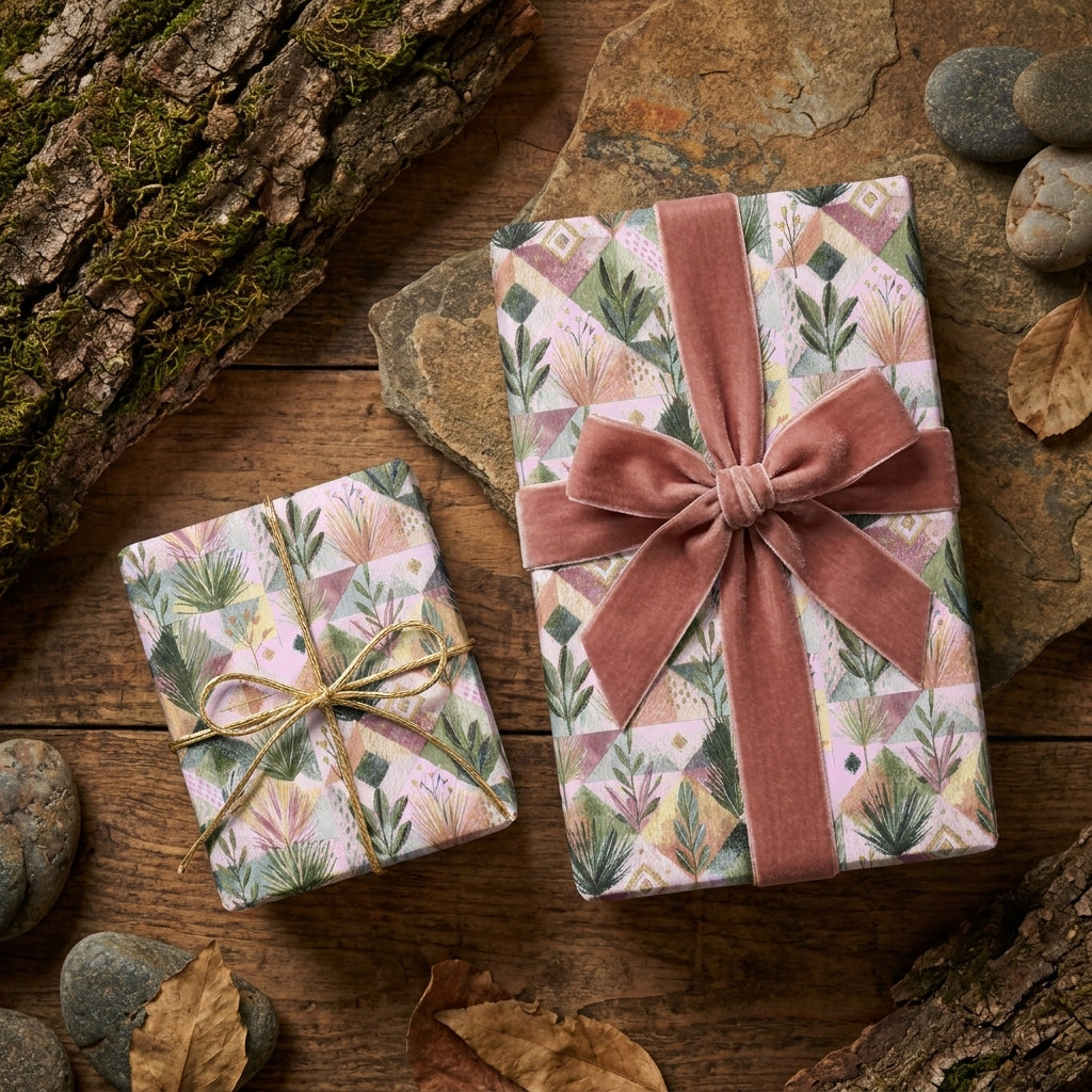 Boho floral wrapping paper with a pink velvet bow by Wrapped Studios on rustic wood.