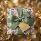 Elegant botanical floral wrapping paper with a sage green ribbon by Wrapped Studios.