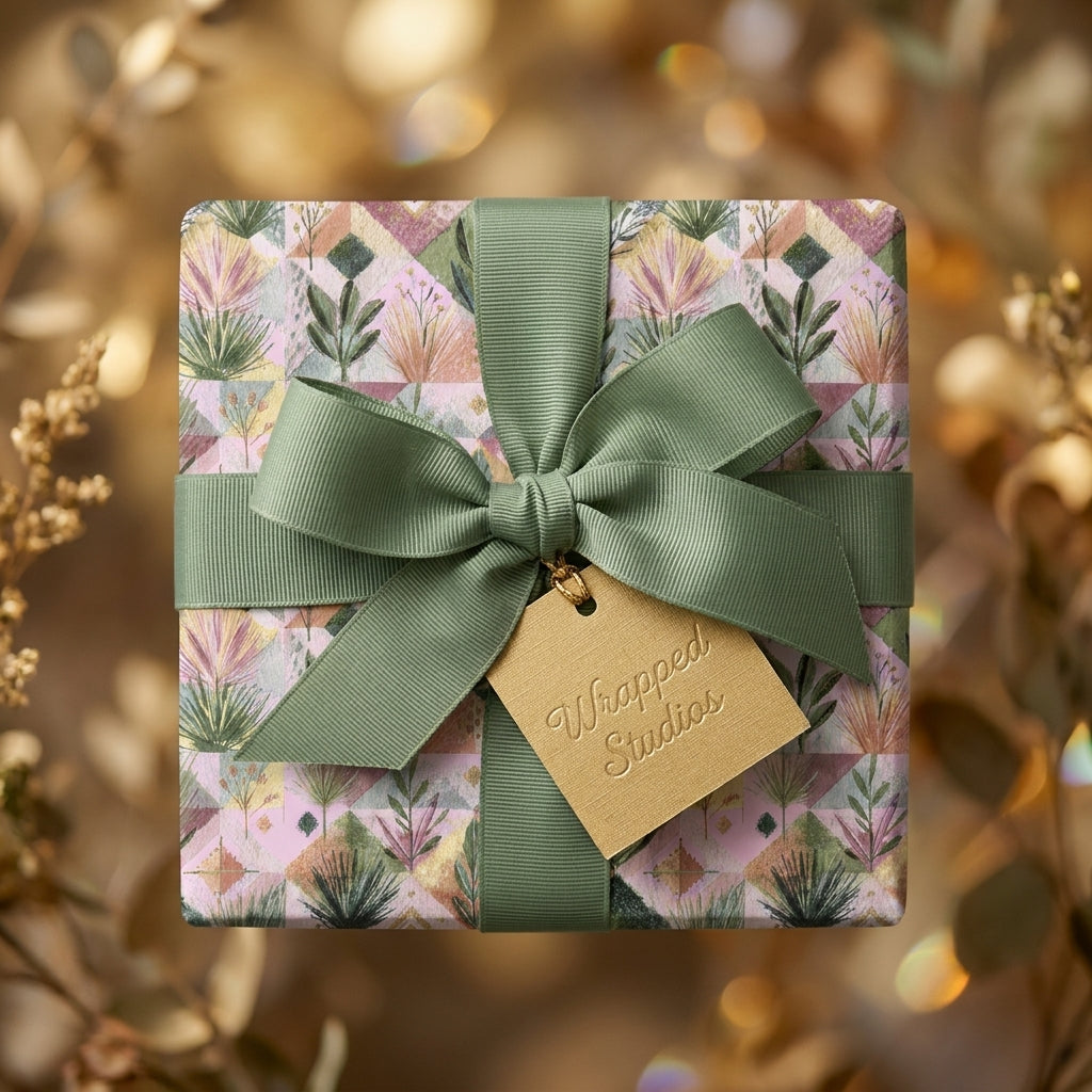 Elegant botanical floral wrapping paper with a sage green ribbon by Wrapped Studios.