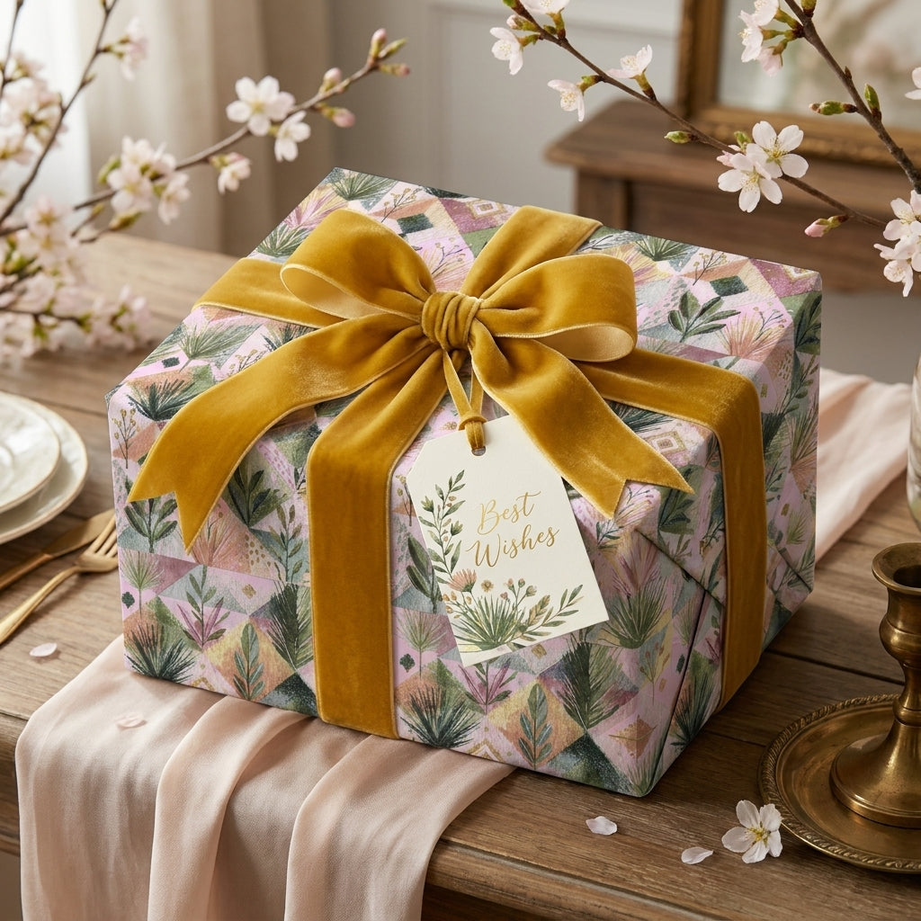 Luxury botanical wrapping paper with a mustard velvet bow on a wedding gift by Wrapped Studios.