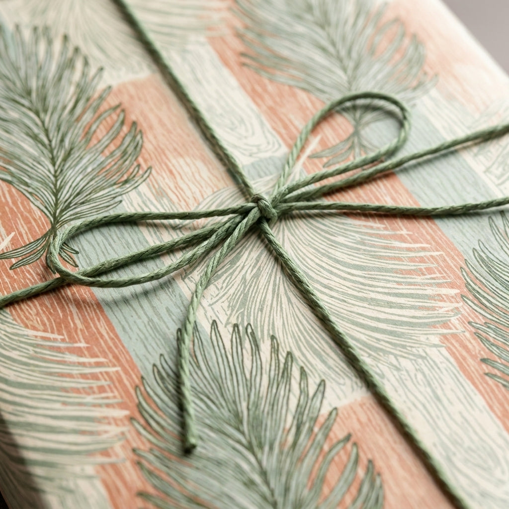 Terracotta and green palm leaf wrapping paper tied with a sage twine bow by Wrapped Studios.
