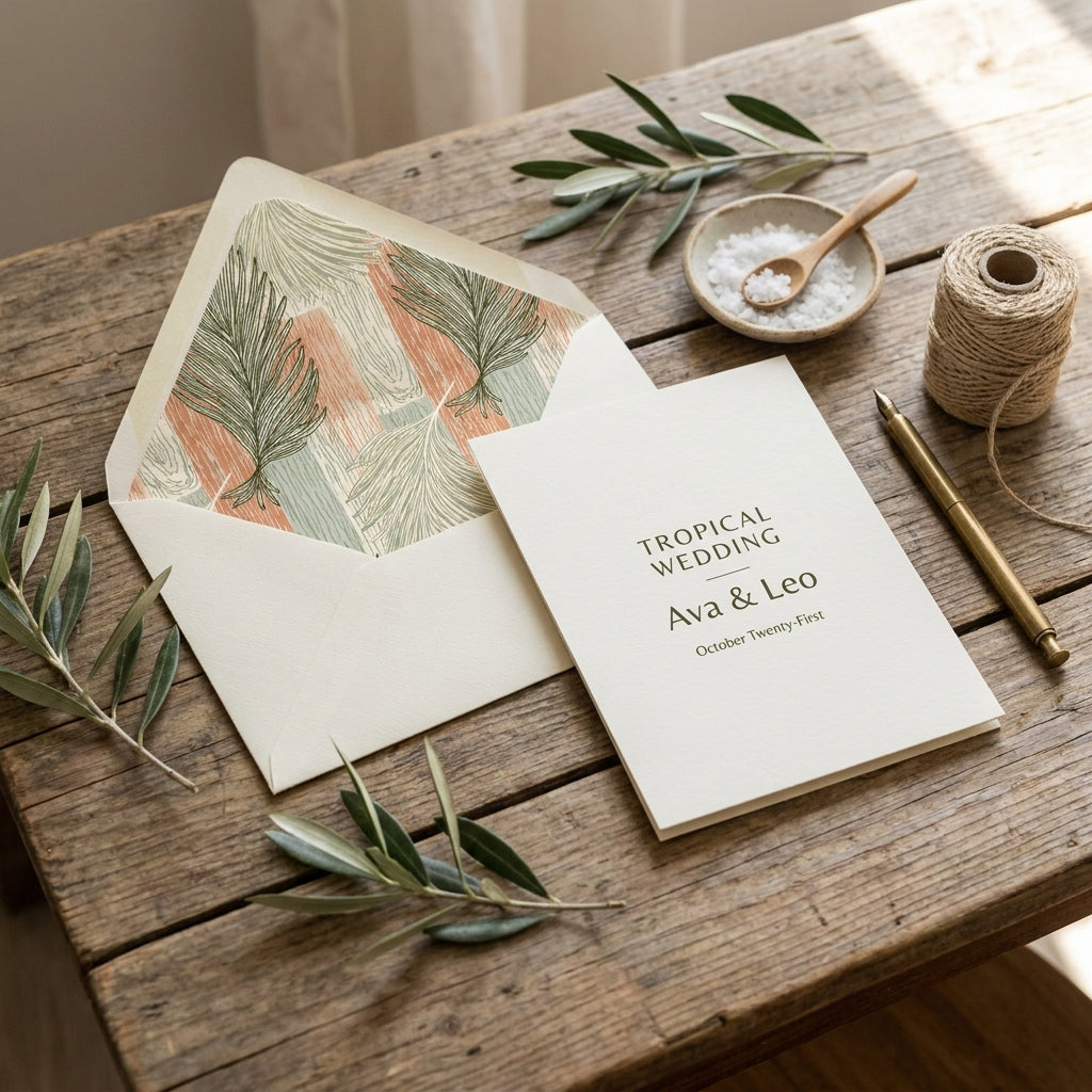 Tropical wedding invitation with sage and terracotta palm envelope liner on rustic wood, by Wrapped Studios.