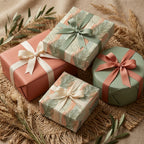 Sage green and terracotta botanical wrapping paper on luxury gift boxes by Wrapped Studios.