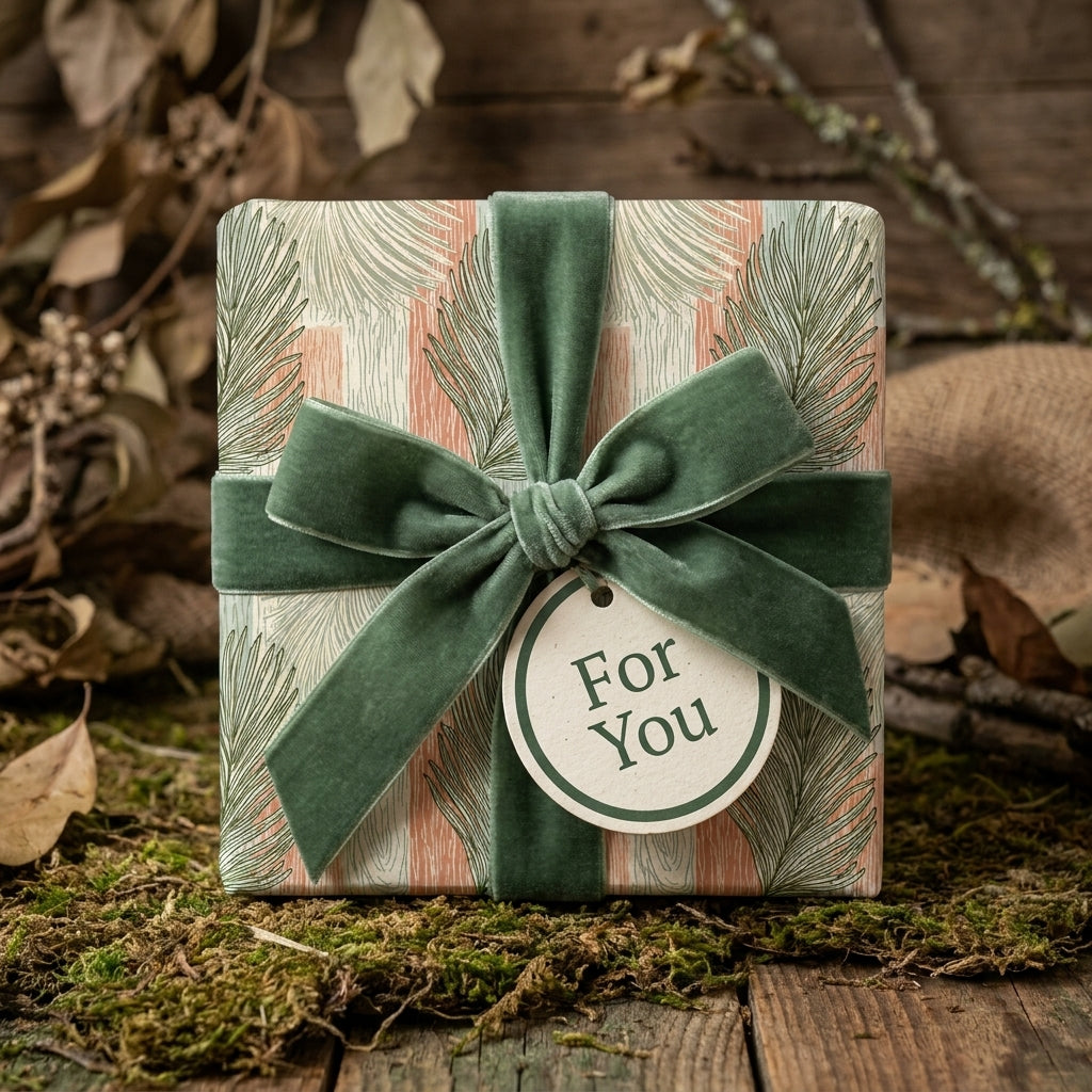 Rustic botanical Christmas gift wrap with a green velvet bow and tag by Wrapped Studios.