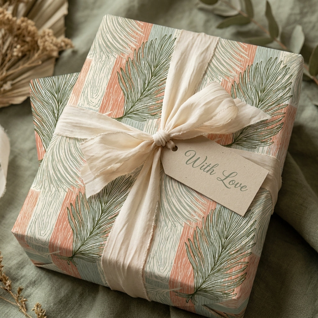 Boho palm leaf wrapping paper with cream ribbon and 'With Love' tag by Wrapped Studios.