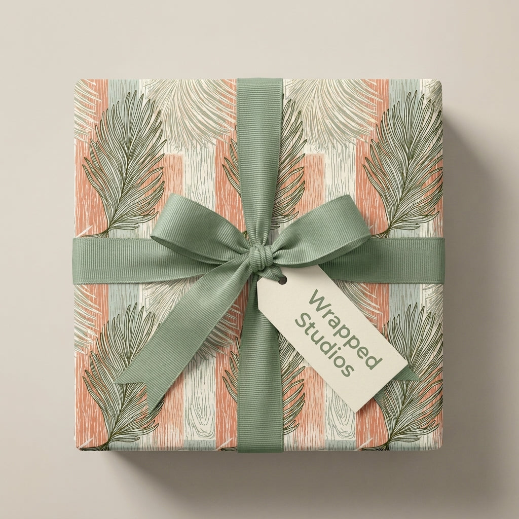 Boho botanical wrapping paper with sage green palm leaves, terracotta stripes, and ribbon by Wrapped Studios.