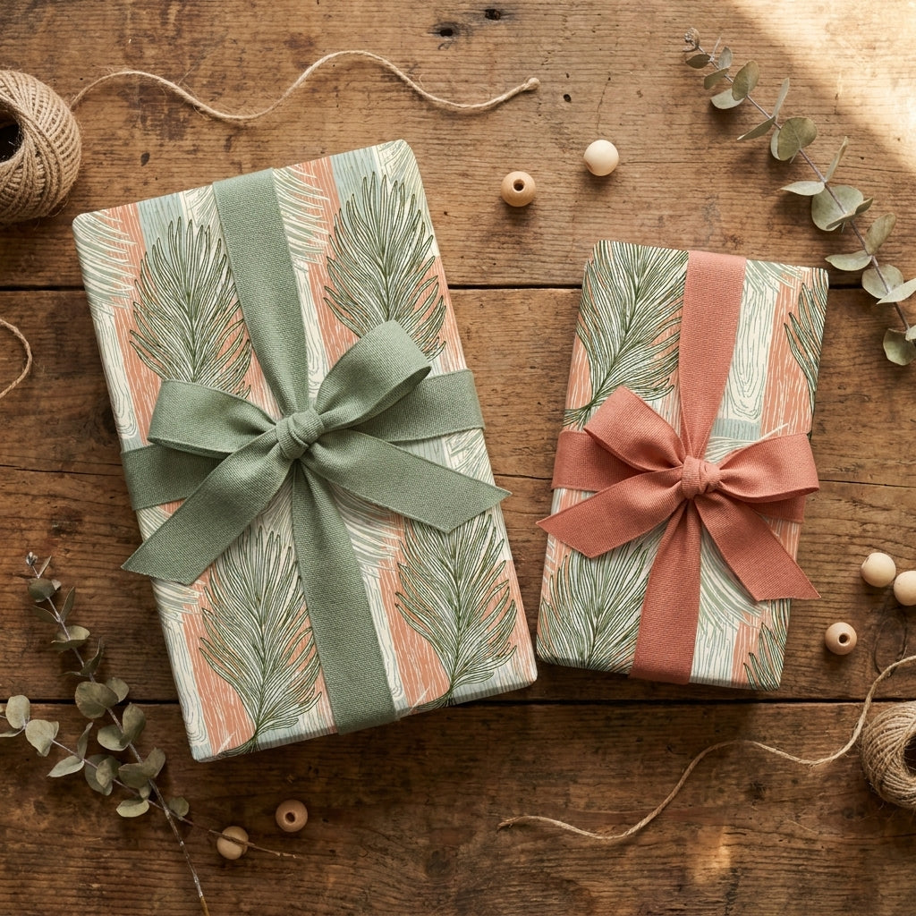 Boho botanical wrapping paper in sage green and terracotta on rustic gifts by Wrapped Studios.