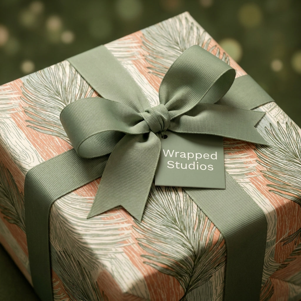 Luxury botanical wrapping paper in sage green and peach with ribbon by Wrapped Studios.