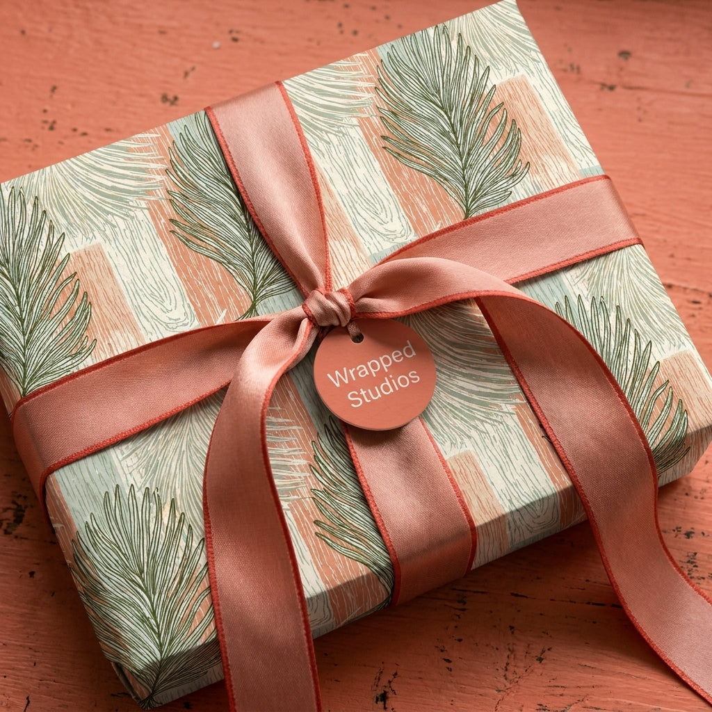 Earthy botanical wrapping paper with sage green palm leaves and terracotta satin ribbon by Wrapped Studios.