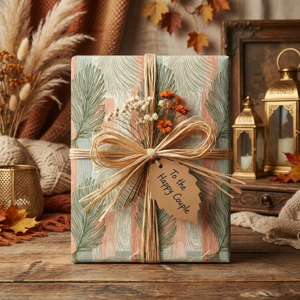 Rustic botanical wedding wrapping paper with raffia bow and dried flowers by Wrapped Studios.