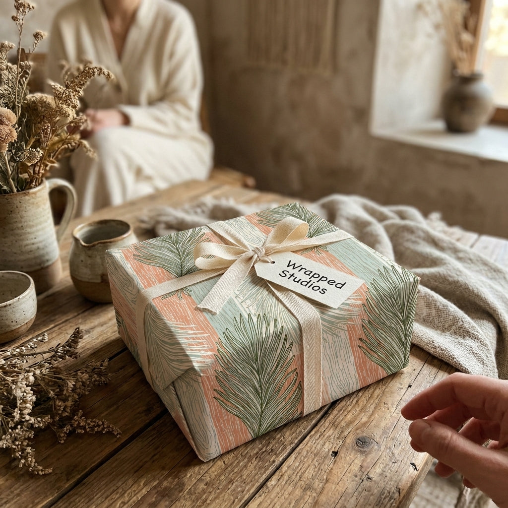 Boho botanical wrapping paper with peach and green palm leaves on a rustic gift box by Wrapped Studios.