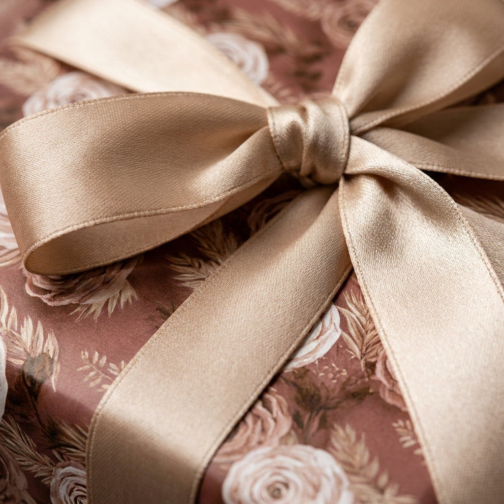 Luxury dusty rose floral wrapping paper with a champagne satin bow. Elegant gift wrap by Wrapped Studios.
