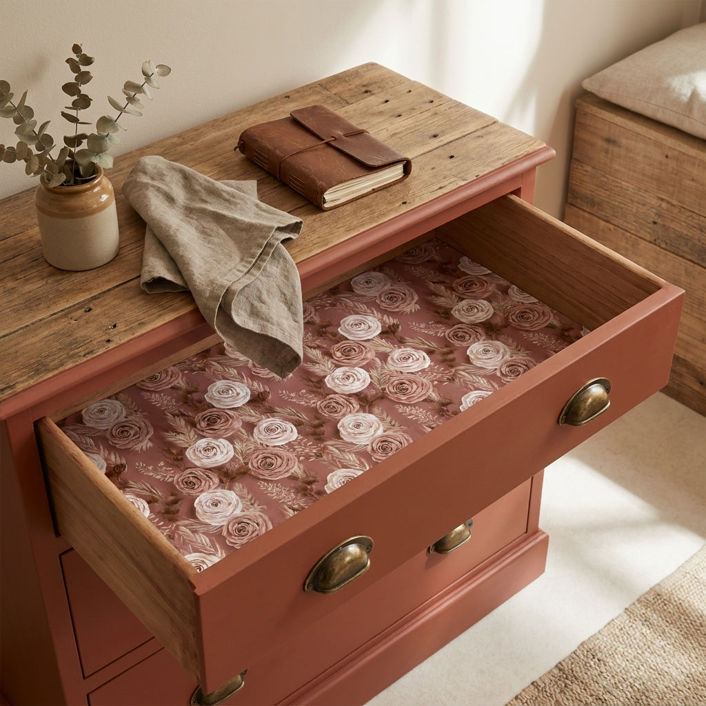 Dusty rose floral wrapping paper used as a drawer liner in a rustic wooden dresser by Wrapped Studios.