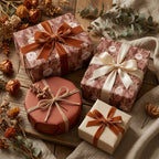Luxury floral wrapping paper and terracotta gift wrap with velvet ribbons by Wrapped Studios.