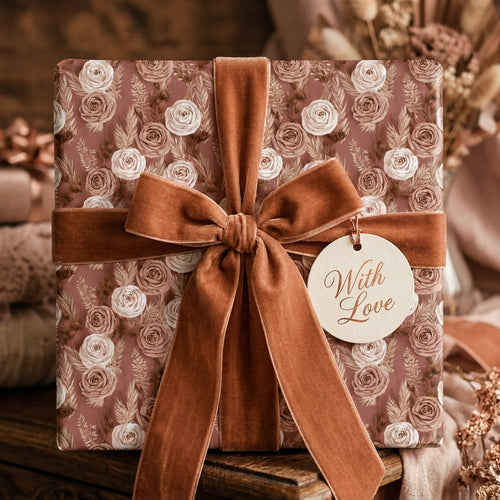 Luxury floral wrapping paper with a terracotta velvet ribbon and gift tag by Wrapped Studios.