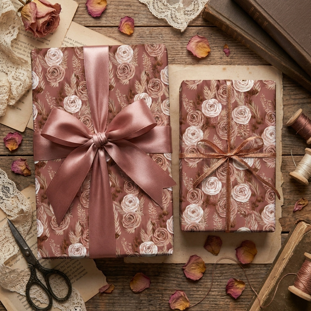 Luxury dusty rose floral wrapping paper with vintage roses and satin ribbons by Wrapped Studios.