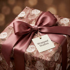 Elegant dusty rose floral wrapping paper with a luxury satin bow by Wrapped Studios.