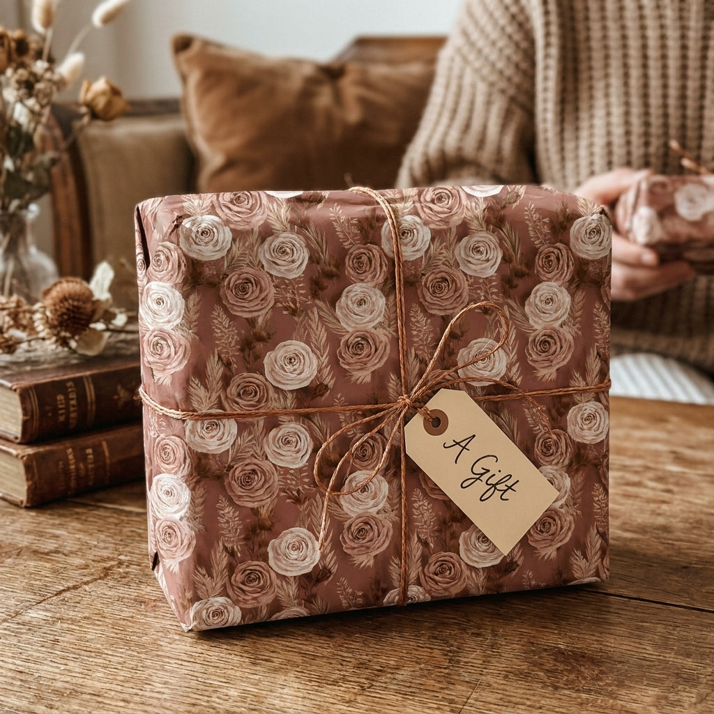 Dusty rose vintage floral wrapping paper with twine string and a gift tag, by Wrapped Studios.