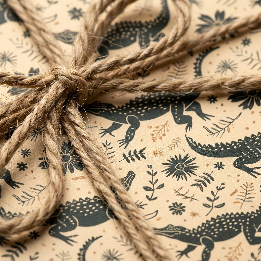 Rustic alligator wrapping paper with botanical prints and a jute twine bow by Wrapped Studios.