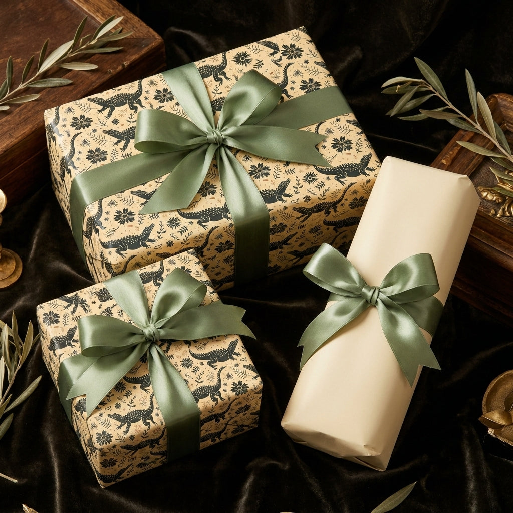 Vintage crocodile wrapping paper with sage green satin ribbons on gift boxes by Wrapped Studios.