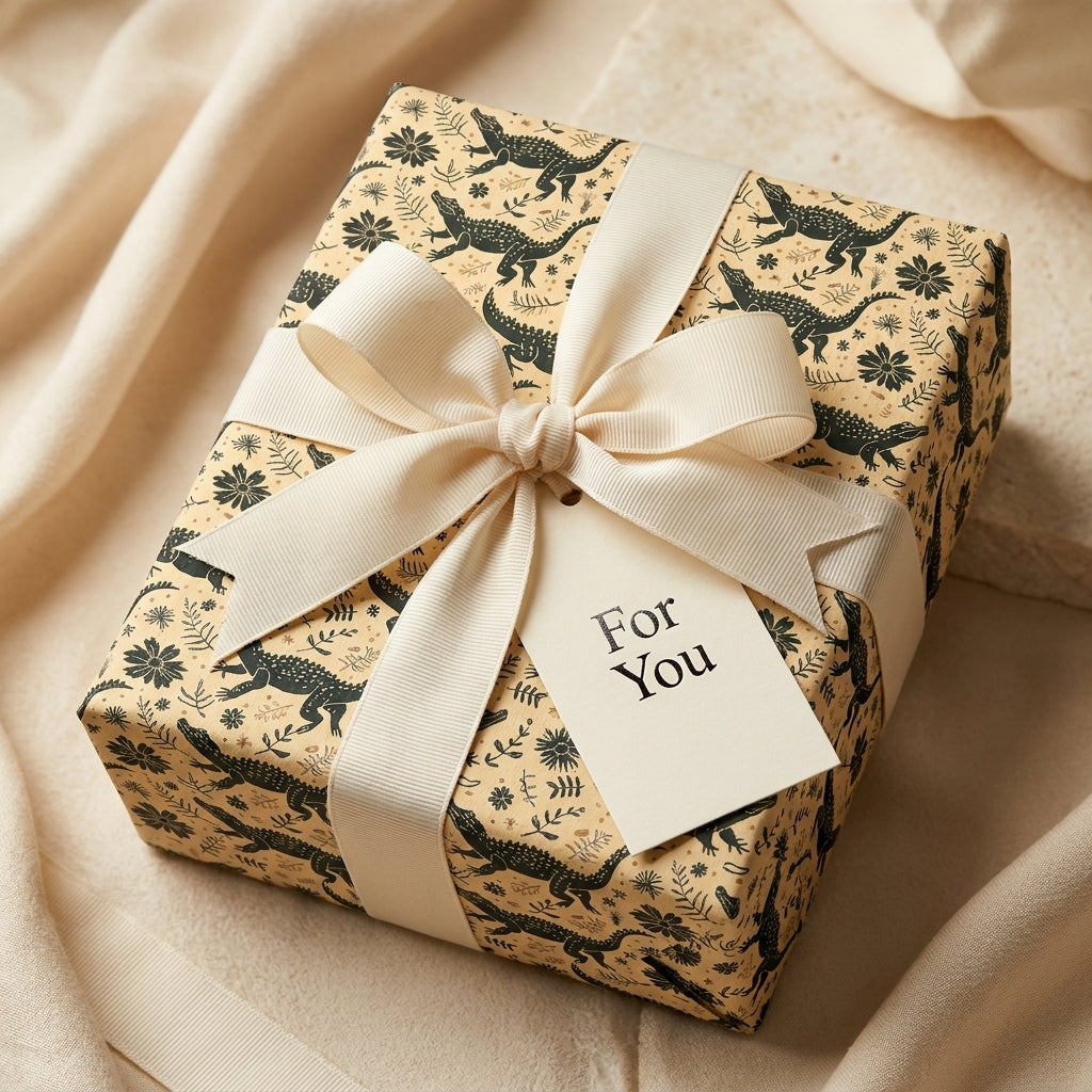 Alligator wrapping paper with a cream bow and 'For You' tag. Luxury gift wrap by Wrapped Studios.