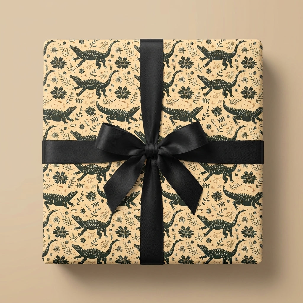 Alligator wrapping paper with a black ribbon bow by Wrapped Studios. Whimsical crocodile birthday gift wrap.