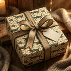 Alligator wrapping paper on a rustic gift box with a burlap bow and tag by Wrapped Studios.