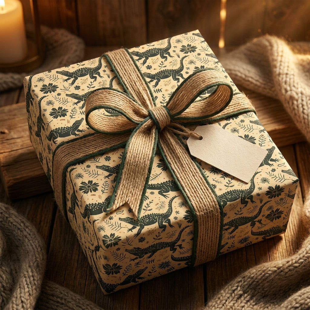 Alligator wrapping paper on a rustic gift box with a burlap bow and tag by Wrapped Studios.