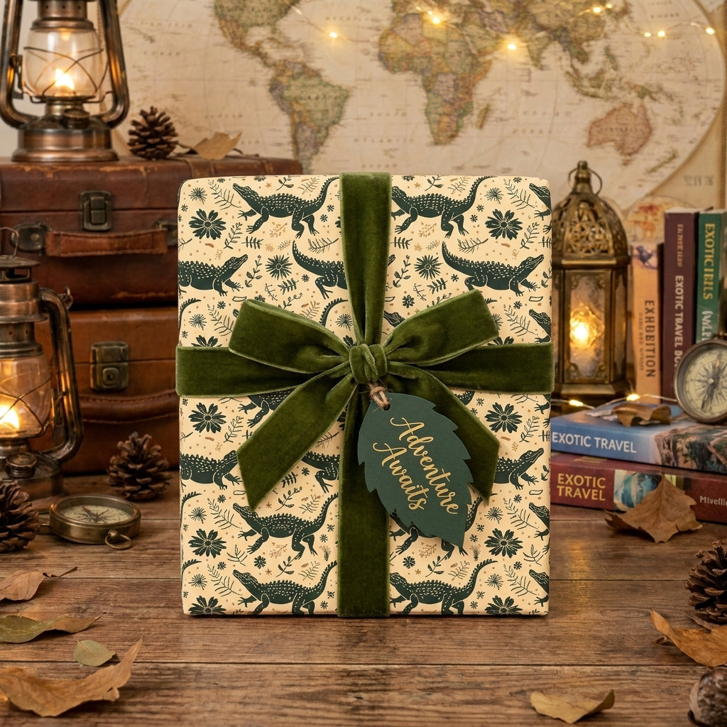 Alligator wrapping paper with dark green velvet ribbon and adventure tag by Wrapped Studios.