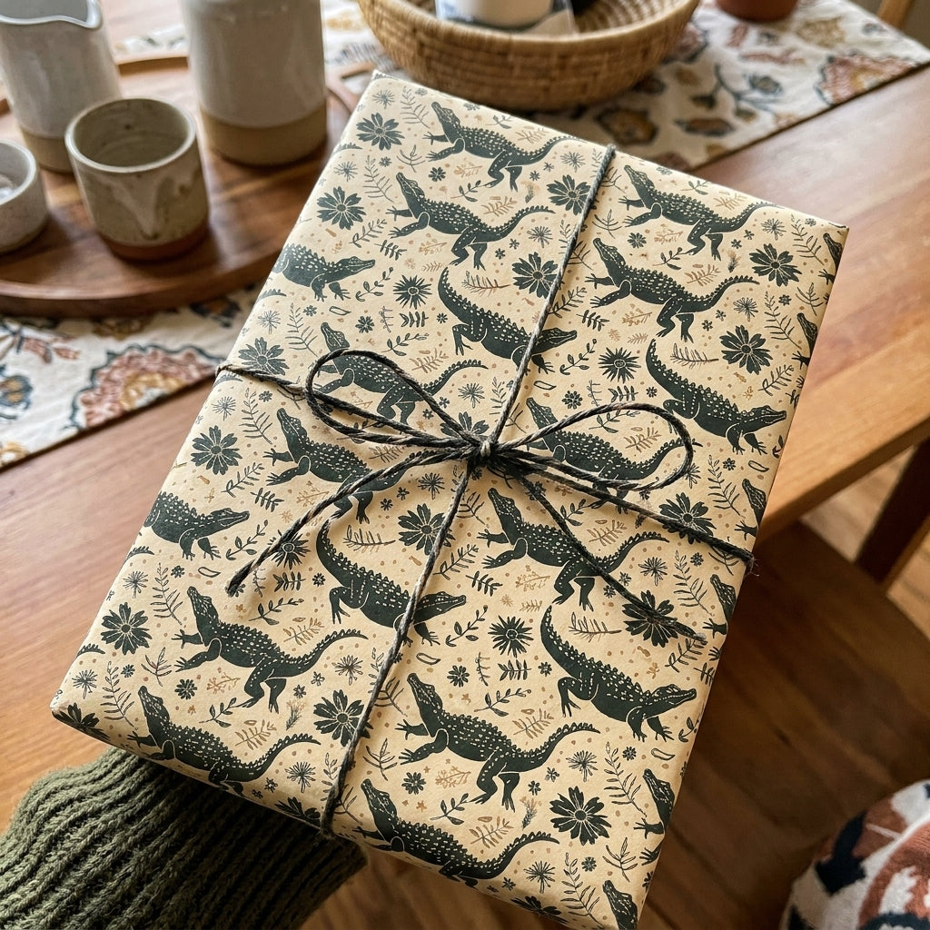Rustic alligator wrapping paper on a kraft gift box with twine by Wrapped Studios.