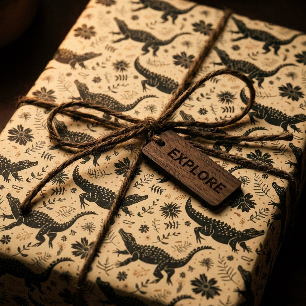 Rustic alligator wrapping paper with twine and a wooden explore tag by Wrapped Studios.