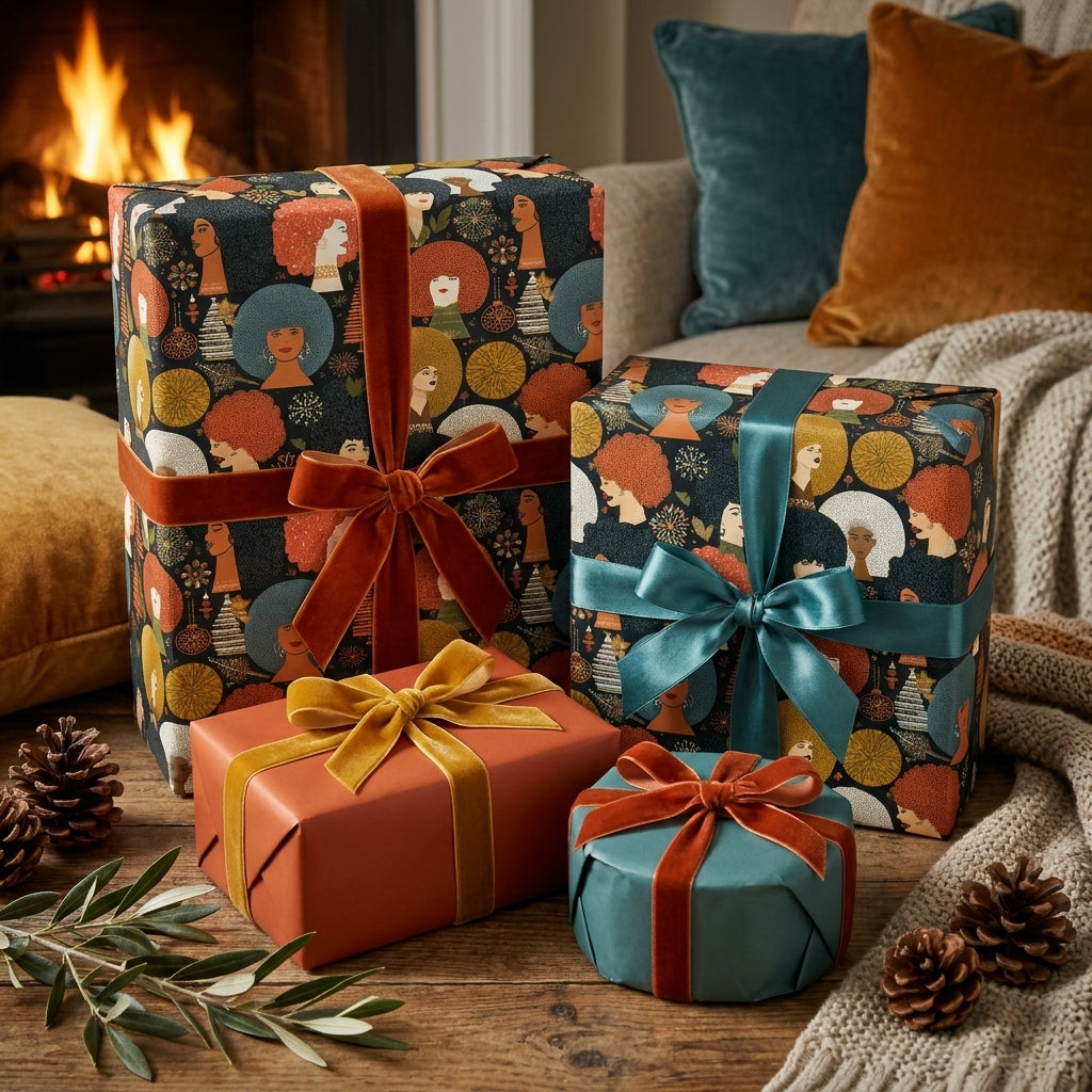 Luxury retro holiday wrapping paper with illustrated women and velvet ribbons by Wrapped Studios.